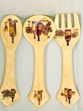 Set of 3 Ceramic Utensil  Wall Hang Plaques -Spoon, Ladle and Fork Wall Accent